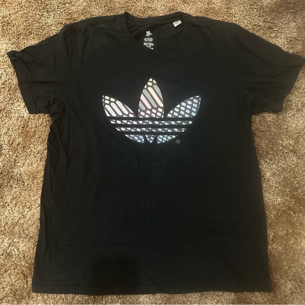 Adidas Originals Trefoil T-Shirt Men’s L Black Holographic Patch Logo Tee Casual